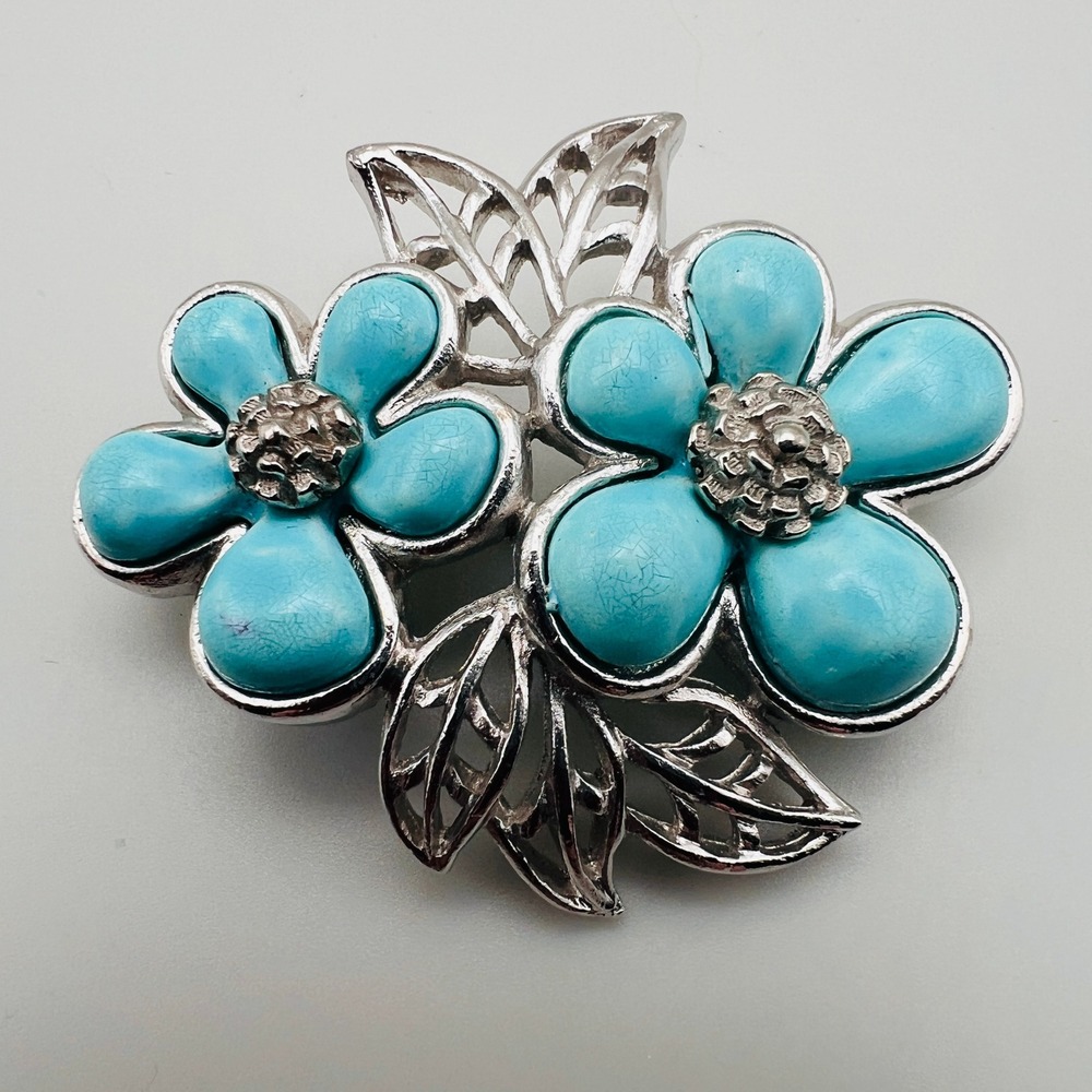 Vintage Coro Faux Turquoise Brooch Cabochon Double Flower Silver Tone Blue Pin